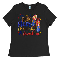 Black flip flops fireworks and freedom Ladies Tee - texasbilliewilder