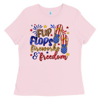 Bubblegum Pink flip flops fireworks and freedom Ladies Tee - texasbilliewilder