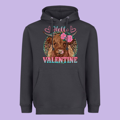Hello Valentine Highland Cow Heavyweight Hoodie Designed By Ranaportraitstore