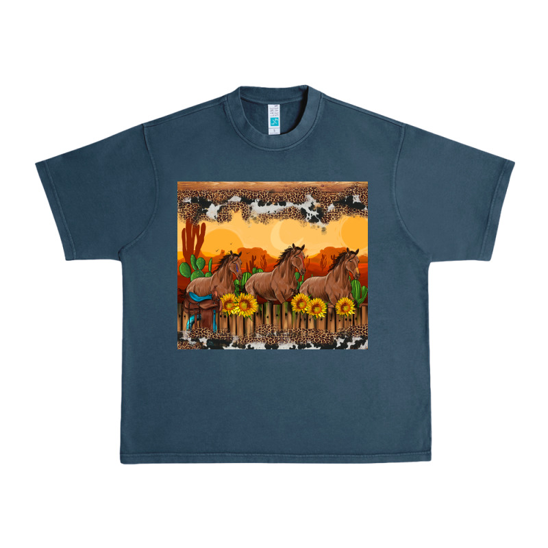 Western Horses And  Sunset With Sunflowers Urban Heavy Tee by Artiststas | Teevron