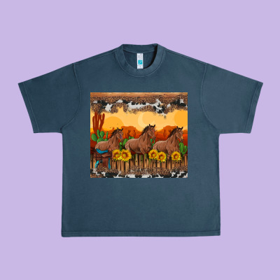 Western Horses And  Sunset With Sunflowers Urban Heavy Tee Designed By Artiststas
