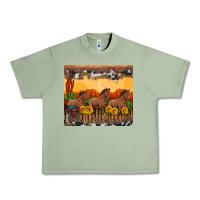 Oil Green western horses and  sunset with sunflowers Urban Heavy Tee - Artiststas