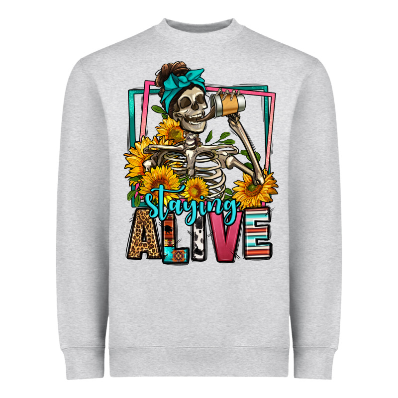 Staying Alive Coffee Drinking Skeleton Heavyweight Sweatshirt by Jasminsmagicworld | Teevron