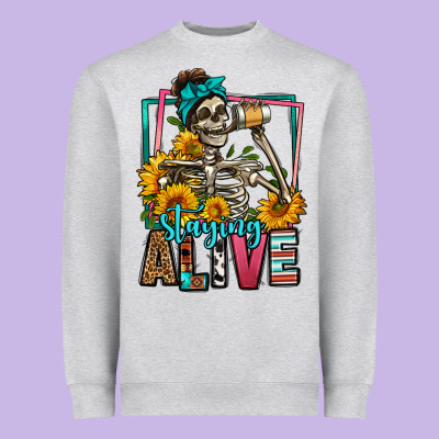 Staying Alive Coffee Drinking Skeleton Heavyweight Sweatshirt Designed By Jasminsmagicworld