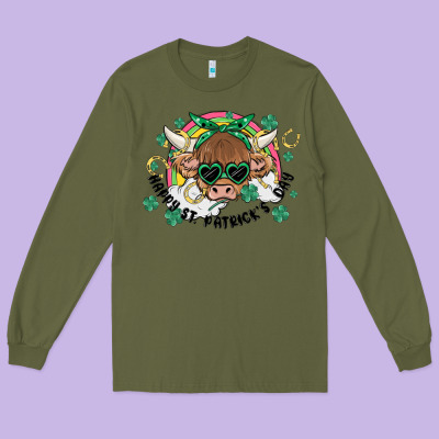 St. Patrick's Day Highland Cow Long Sleeve Tee Designed By Maliassmallbusiness