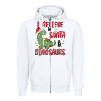 White i believe in santa & dinosaurs Zipper Hoodie - MaliasSmallBusiness