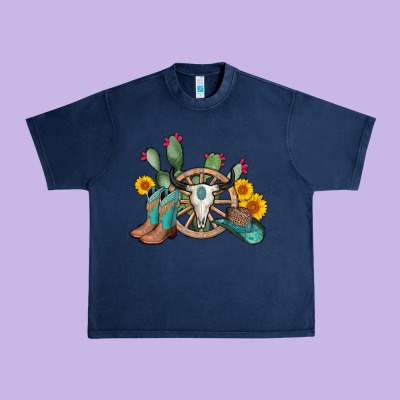 Wheel Bull Skull Western Cowboy Urban Heavy Tee Designed By Adodesignshop