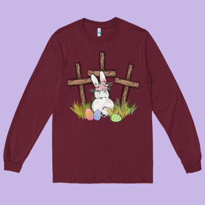 Floral Watercolor Easter Bunny Cross Long Sleeve Tee Designed By Maliassmallbusiness