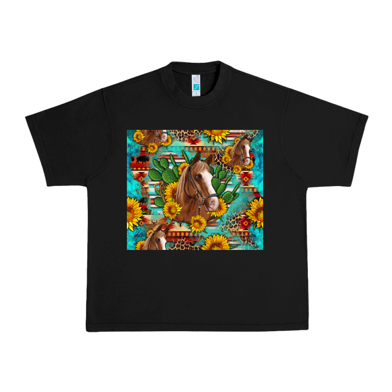 Sunflowers And Cactus Horses Turquoise Aztec Leopard Background Urban Heavy Tee by Artiststas | Teevron