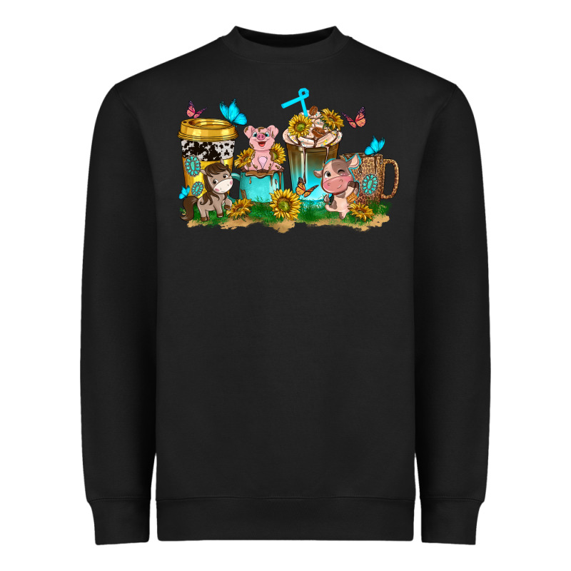 Farm Cute Animals With Sunflower Coffee Cups Heavyweight Sweatshirt by NancyCooperArtShop | Teevron