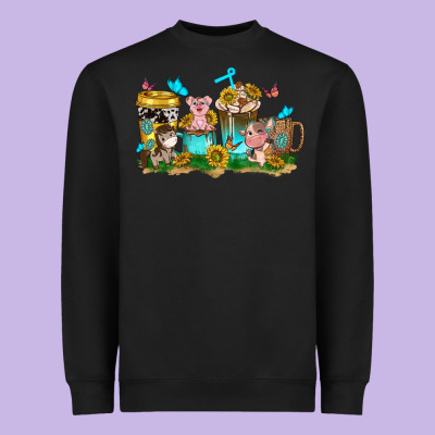 Farm Cute Animals With Sunflower Coffee Cups Heavyweight Sweatshirt Designed By Nancycooperartshop