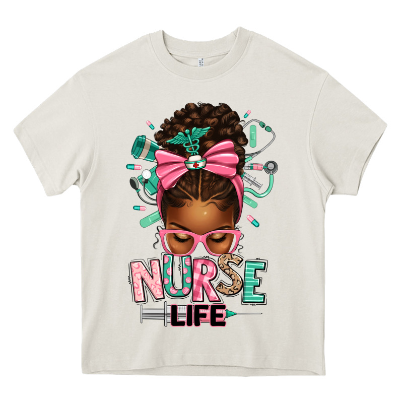 Afro Messy Bun Nurse Life Heavy Core Tee by texasbilliewilder | Teevron