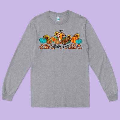 Hello Fall Pumpkin Sunflower Long Sleeve Tee Designed By Jahusdesignshop