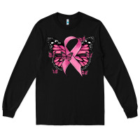 Black breast cancer ribbon  butterfly Long Sleeve Tee - MaliasSmallBusiness