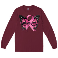 Burgundy breast cancer ribbon  butterfly Long Sleeve Tee - MaliasSmallBusiness