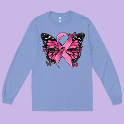 Breast Cancer Ribbon  Butterfly Long Sleeve Tee Designed By Maliassmallbusiness