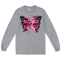 Heather Grey breast cancer ribbon  butterfly Long Sleeve Tee - MaliasSmallBusiness