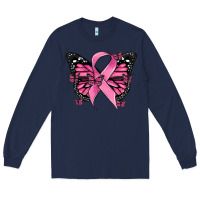 Navy breast cancer ribbon  butterfly Long Sleeve Tee - MaliasSmallBusiness
