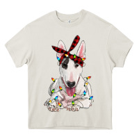 Cream bull terrier with christmas lights Heavy Core Tee - RanaPortraitStore