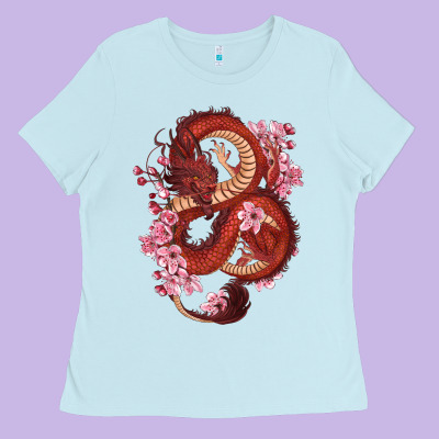 Red Dragon And Sakura Cherry Blossoms Ladies Tee Designed By Ranaportraitstore