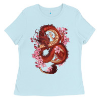 Baby Blue red dragon and sakura cherry blossoms Ladies Tee - RanaPortraitStore