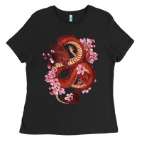Black red dragon and sakura cherry blossoms Ladies Tee - RanaPortraitStore