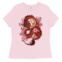 Bubblegum Pink red dragon and sakura cherry blossoms Ladies Tee - RanaPortraitStore