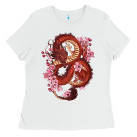 White red dragon and sakura cherry blossoms Ladies Tee - RanaPortraitStore