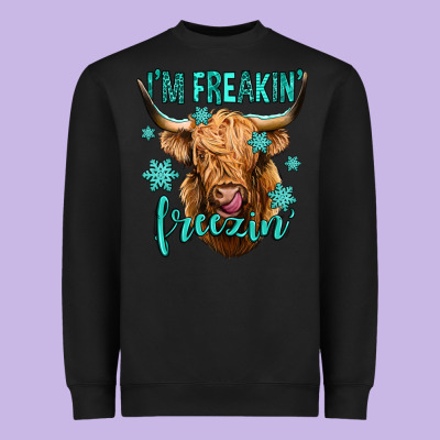 I'm Freakin Freezin Long Haired Cow Heavyweight Sweatshirt Designed By Jasminsmagicworld
