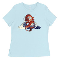 Baby Blue asian dragon and ocean waves Ladies Tee - RanaPortraitStore