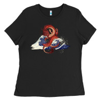 Black asian dragon and ocean waves Ladies Tee - RanaPortraitStore