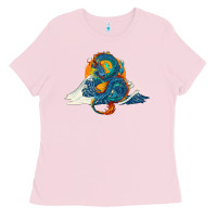 Bubblegum Pink blue dragon ocean waves and sun Ladies Tee - RanaPortraitStore