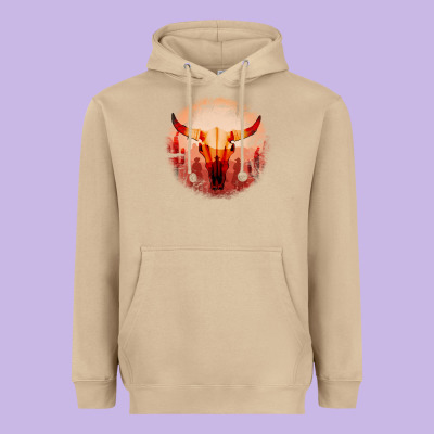 Western Cowboy Sunset Bull Skull Heavyweight Hoodie Designed By Bettercallsaul