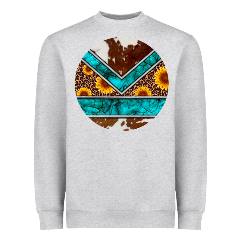 Turquoise Cowhide Leopard Sunflowers Round Heavyweight Sweatshirt by Artiststas | Teevron