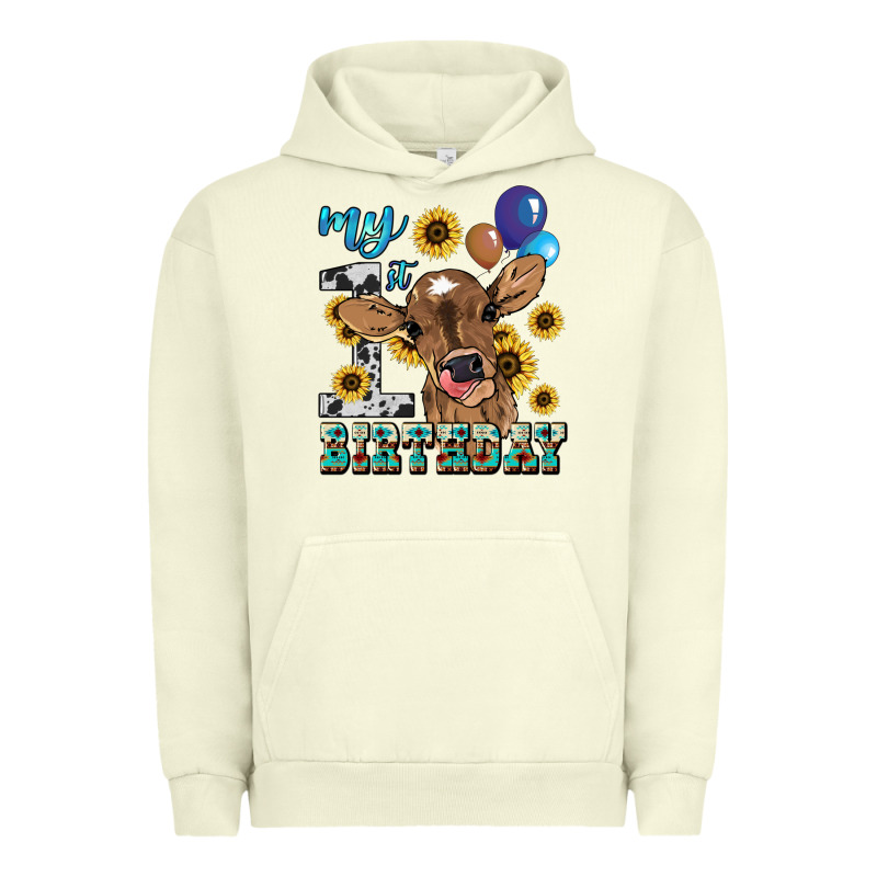 My First Birthday Baby Cow Sunflower Urban Hoodie by HowdyJamesFarm | Teevron
