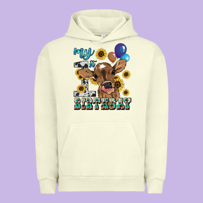 My First Birthday Baby Cow Sunflower Urban Hoodie Designed By Howdyjamesfarm