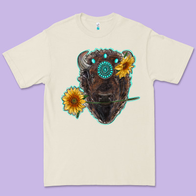 Bison Head With Sunflowers And Gemstone Premium Tee Designed By Ranaportraitstore