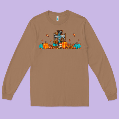 Thankful Cross Pumpkin Long Sleeve Tee Designed By Jahusdesignshop