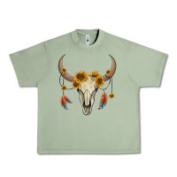 Oil Green bull skull sunflowers and feathers Urban Heavy Tee - AdoDesignShop