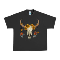 Pigment Black bull skull sunflowers and feathers Urban Heavy Tee - AdoDesignShop