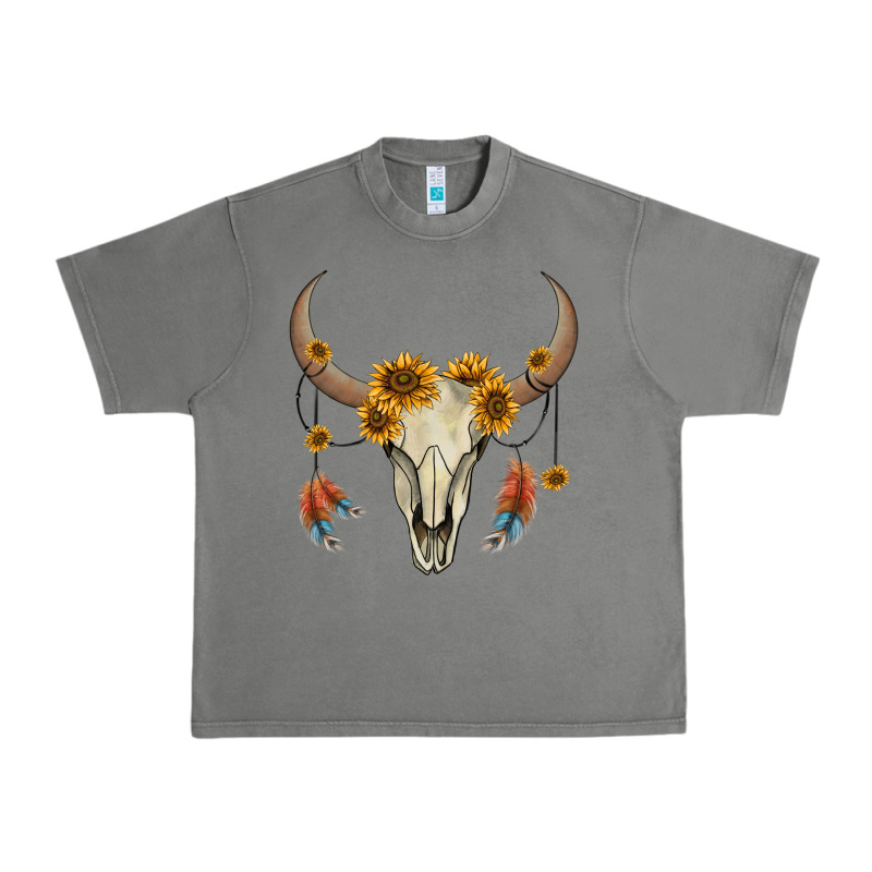 Bull Skull Sunflowers And Feathers Urban Heavy Tee by AdoDesignShop | Teevron