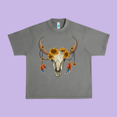 Bull Skull Sunflowers And Feathers Urban Heavy Tee Designed By Adodesignshop