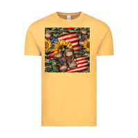 Vintage Mustard usa flag with army boot seamless pattern Vintage Tee - BundleAndBundleShop