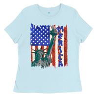 Baby Blue usa flag with statue of liberty Ladies Tee - texasbilliewilder