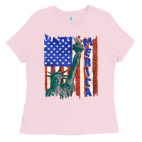 Bubblegum Pink usa flag with statue of liberty Ladies Tee - texasbilliewilder