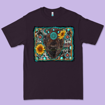 American Bison Wıth Sunflower And Gemstone Premium Tee Designed By Ranaportraitstore