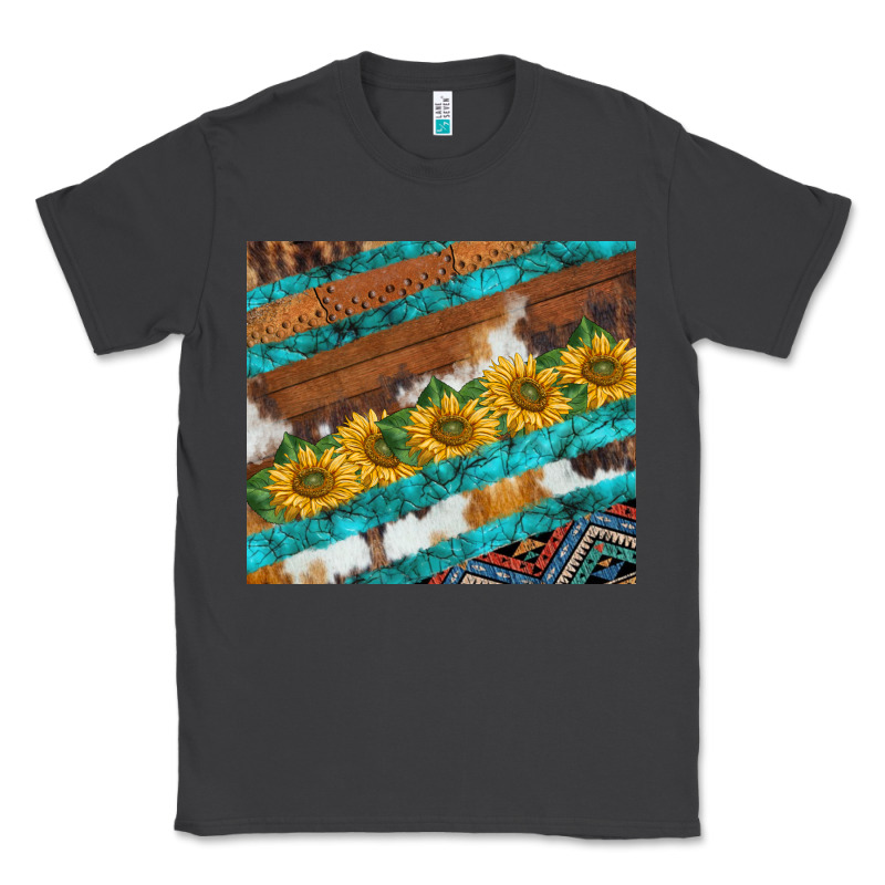Western Aztec Sunflowers Turquoise Cowhide Classic Tee by BarkalooDesign | Teevron