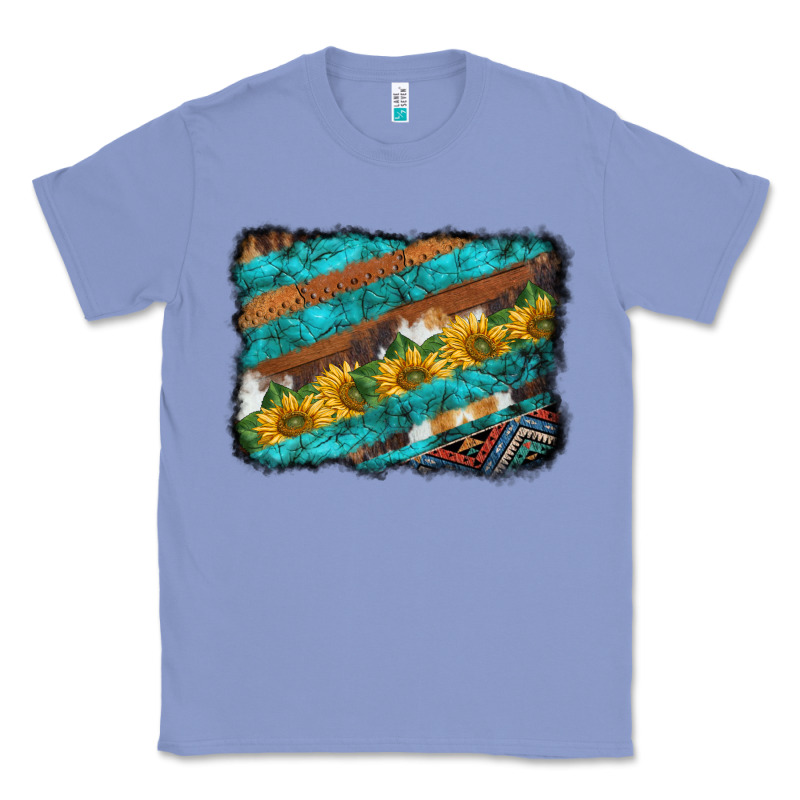 Western Aztec Sunflowers Turquoise Cowhide Background Classic Tee by BarkalooDesign | Teevron