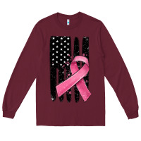 Burgundy breast cancer ribbon american flag Long Sleeve Tee - MaliasSmallBusiness