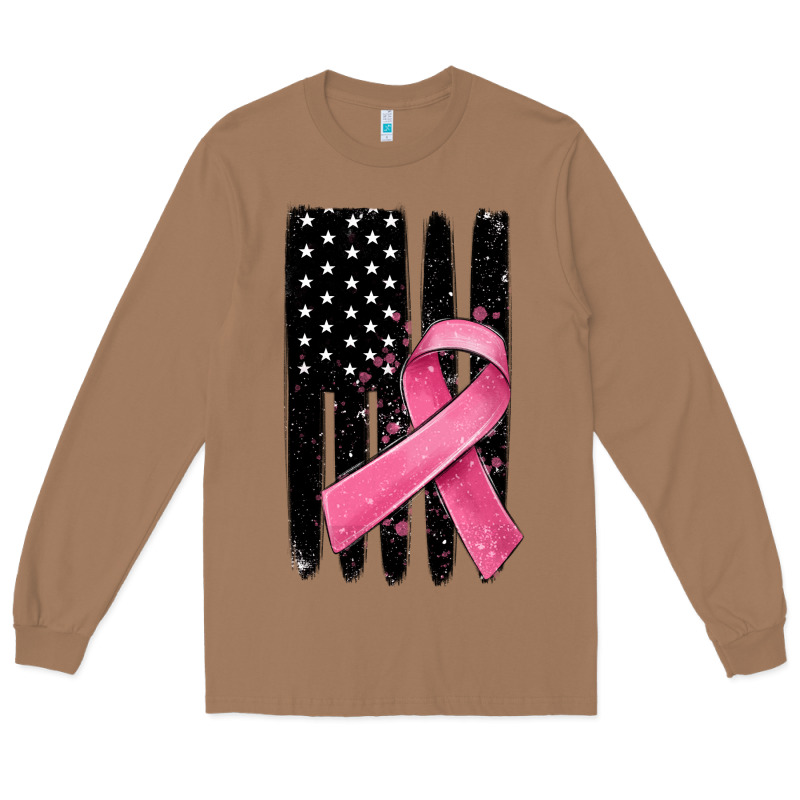 Breast Cancer Ribbon American Flag Long Sleeve Tee by MaliasSmallBusiness | Teevron